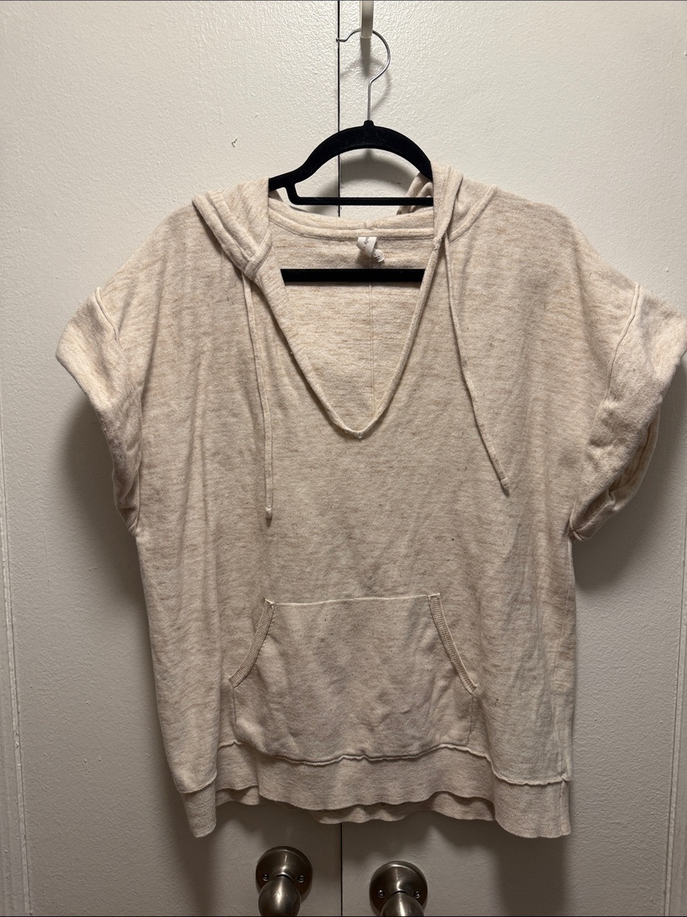 Light Beige Short-Sleeve Hoodie with Kangaroo Pocket - Women